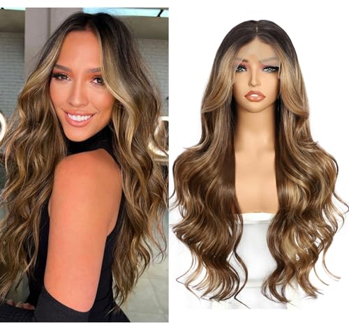 Sapphirewigs Lace Front Wig Synthetic Brown 13x4 Body Wave Synthetic Lace Front Wigs for Women Party Date Daily Wear Christmas Natural Looking 26 inch