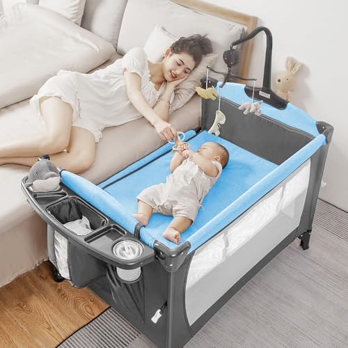 Image of 5-in-1 Pack and Play, Baby Bassinet Bedside Sleeper with U-Shaped Diaper Changer, Portable Toddler Playard for Newborn Toddlers, Baby Crib with 4 Adjustable Height, Carry Bag,Easy to Install (Blue)