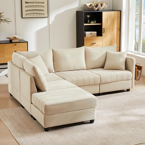 Merax Ecksofa Modulares 5-Sitzer Sofa mit multifunktionalem Fußhocker (L/U-Form), Atmungsaktive Baumwolle-Leinen-Kombi, Modernes Vertikalstreifen-Design Premium Komfort, Raumsparend & Wandelbar, Beige