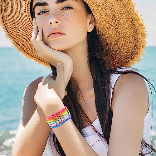 Colorful Smiley Face Fruit Beaded Bracelets for Women Rainbow Stretch Clay Preppy Bracelets Y2k Heishi Surfer Stackable Bracelet Set Handmade Summer Beach Party Jewelry Gift 5