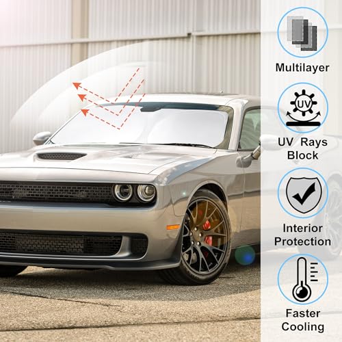 Image of Windshield Sun Shade Compatible with 2015-2023 2024 2025 Dodge Challenger Accessories Coupe,SRT Hellcat,Redeye,GT,RT,TA Coupe,Widebody,SXT,RT Scat Pack Sun Visor Protector
