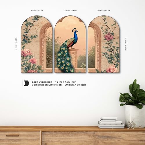 Image of Livin'luxe Peacock Wall Art | Set of 3 MDF Panel Paintings | Vintage Floral Theme Decorative Wall Hanging for Living Room, Bedroom, Office & Home Interiors (20 x 30 Inch) RPNS-04