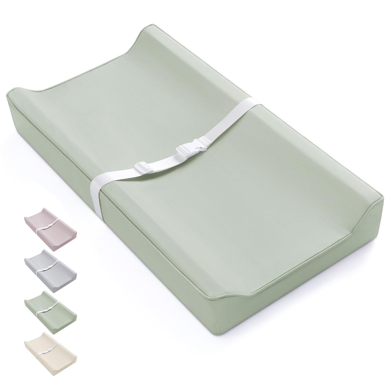 Vegan Leather Baby Changing Pad with Waterproof & Wipe-Clean PU Cover, Standard Size Cozy Diaper Changing Pad for Dresser and Table, Light Green