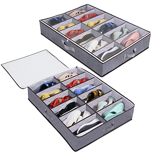 Nwvuop 2 Pack Under Bed Shoe Storage Organiser Box with Clear Lid Foldable Under Bed Shoes Bag Fits 24 Pairs Grey