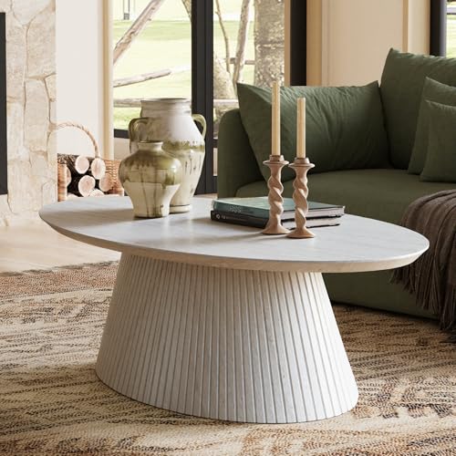 win2win Oval Coffee Table, Modern Faux Stone Coffee Table with