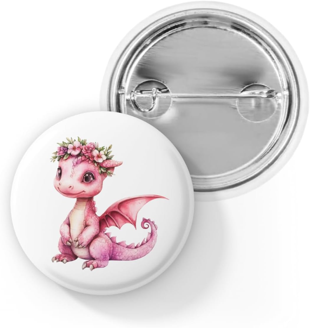 Pink Baby Dragon Pin Back Button – Cute Dragon with Floral Crown – Whimsical Fantasy Pin for Backpack, Lanyard, Jacket
