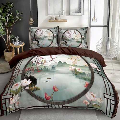 Parures de lit 220 x 240 cm Vue classique chinoise sur le lac Ensemble De Literie Polycoton avec Fermeture Éclair Brun foncé Housse de Couette Parure de lit...