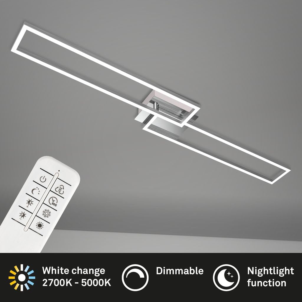 Briloner - Éclairage plafonnier LED, plafonnier à intensité réglable, télécommandé, incluant une commande pour la température de couleur, chrome et aluminium, 110 x 24,8 x 7,8 cm (LxlxH)