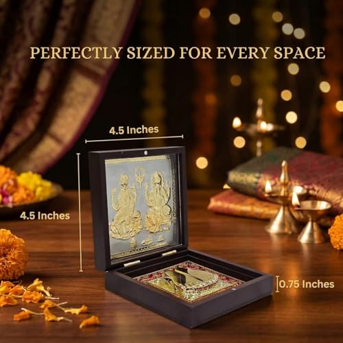 Image of Pocket Temple for Wedding Gift, Housewarming Gift & Pooja Room Decor | Gold Plated Photo Frame with Charan Paduka - 4.5 Inch (Laxmi Ganesh Brown)