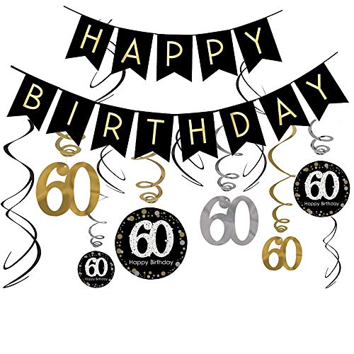 LeoHome 60th Birthday Decorations Kit- Gold Glitter Happy Birthday Banner & Sparkling Celebration 60 Hanging Swirls-60th Anniversary Decorations