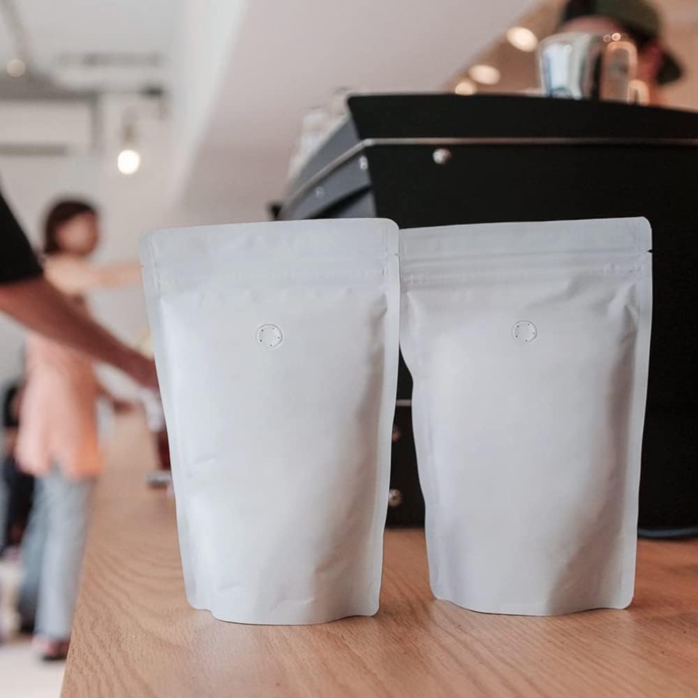 12oz Coffee Bags 100 Pieces - High Barrier White Kraft Paper Stand up Ziplock Pouches Bags with Valve & Zipper (100 Pcs, 12 Ounce/340 Gram/0.75 lb)