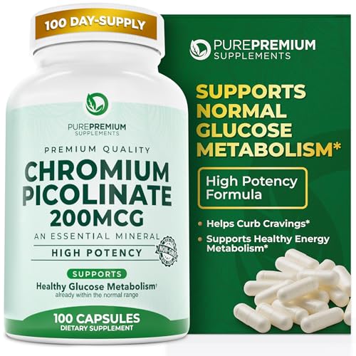 PurePremium Chromium Picolinate 200mcg - High Potency Chromium Supplements - Essential Mineral Health Support for Men/Women - Gluten-Free - 3 Months Supply - 100 Capsules