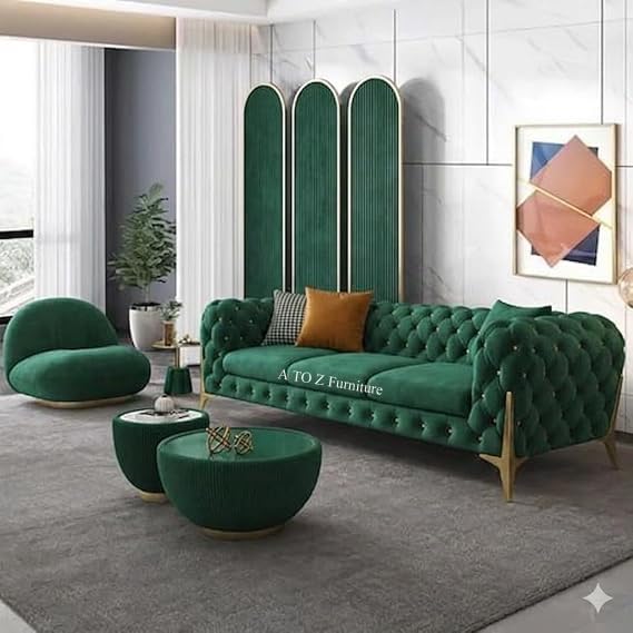 Image of A to Z Furniture Modern Classic Fabric & Valvet Tufted Chesterfield Sofa Living Room and Office (3+1= 4 Seater Sofa Set with Footrest Dark Green)
