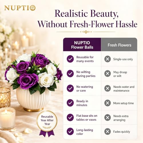 Image of NUPTIO Flower Balls Centerpieces for Tables: 6 Pcs Purple White Fake Roses