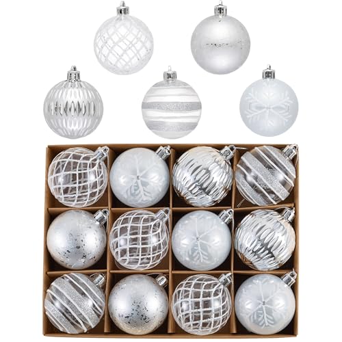 Victor’s Workshop Weihnachtskugeln,12 Stück 6cm Christbaumkugeln Transparent, Weihnachtsbaumschmuck Christbaumschmuck mit Aufhänger,deko Weihnachten,Thema Silber Weiß(M)., 14.99 €