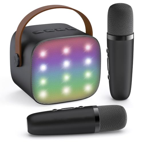 Image of YLL Mini Karaoke Machine for Kids Adults, Birthday Gifts for Boys 3, 4, 5, 6, 7, 8, 9+ Years Old, Portable Bluetooth Speaker with 2 Rechargeable Wireless Microphones Family Home Party (Black)