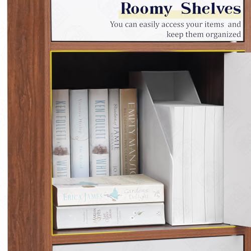 Image of ABOUT SPACE Wooden Cabinet - 5 Tier Storage Cabinet for Living Room with Magnetic Door, Space Saving Book Self for Home, Engineered Wood Kitchen Crockery Unit (Oak Red - L 38 x B 38.5 x H 165.5 cm)