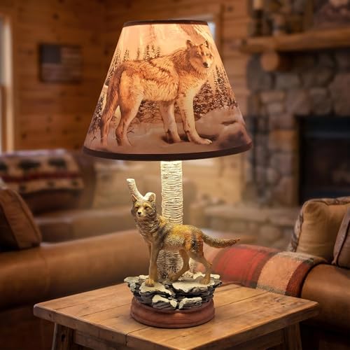 Trsenfsvar Gray Wolf Theme Resin Decorative Table Lamp Brown Gray Tone Fabric Lampshade 14.25 Inch High Tradition Decor with lampshade (Includes Bulb)