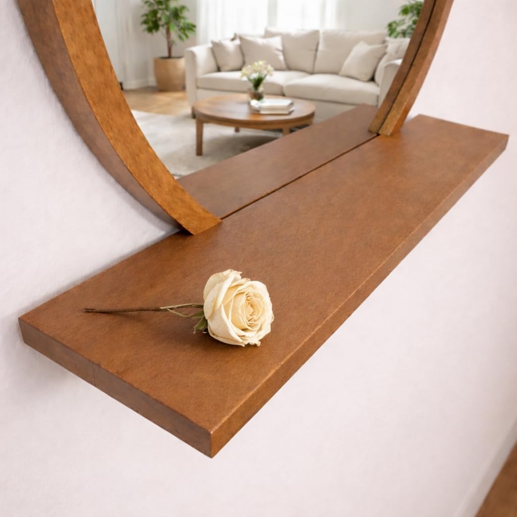 Solid Wood Wall Mirror with Shelf – Round Wood Frame Mirror for Entryway, Bathroom or Living Room – Handcrafted Look – 24 Inch