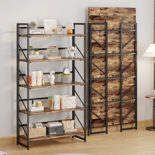 Image of JSB 5 Tier No Assembly Folding Bookshelf, 30.7 inch Wide Foldable Storage Bookcase for Home Office, Space-Saving Storage Shelf for Living Room