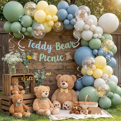 Image of RUBFAC Sage Green Dusty Blue Yellow Balloons, Party Balloon Pastel Yellow for Theme Baby Shower Decorations Birthday Wedding Party Supplies, 65pcs 12 Inches
