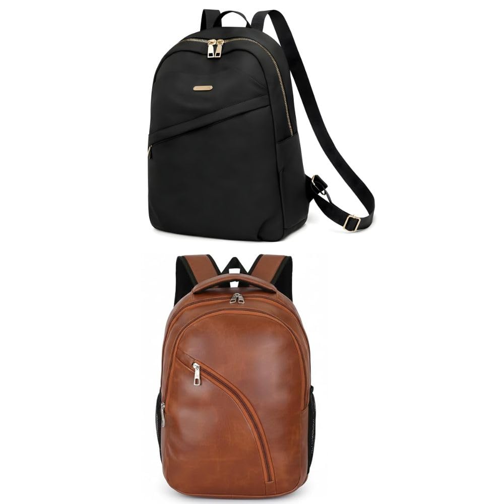 Combo of 2 Backpacks Black Backpack for Women and Brown Backpack for Men and Women | Waterproof Faux Leather Laptop Backpack Stylish College Travel Office Bag with Multiple Compartments-image-3