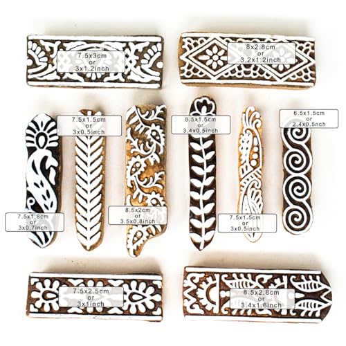 Image of Hashcart Wooden Stamp Block, Printing Stamp Design Set | Block For Printing Saree Border | Dresses, Craft Card Making, Scrapbook, Clay Pottery | Set of 10