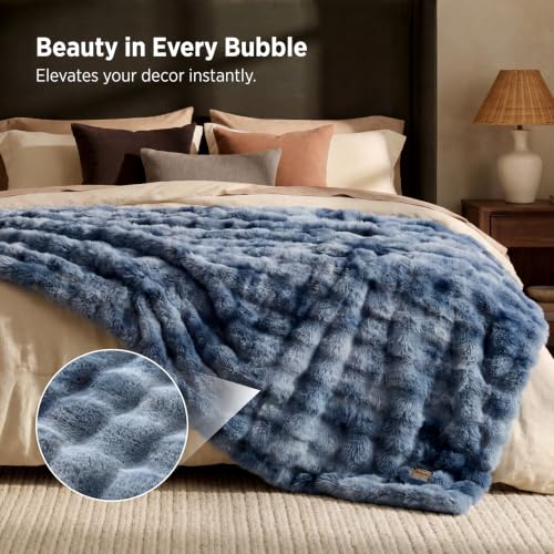 Image of Bedsure GentleSoft Bubble Faux Fur Blankets Queen Size, Fluffy Fuzzy Queen Blanket for Bed, Soft Cozy Faux Fur Bedding for Winter, Thick Warm Plush Bed Cover, Tie-dye Blue, 90x90