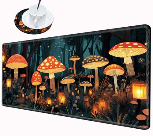 Image of Large Mouse Pad Gaming Desk Pad Mushroom Mousepad for Wireless Mouse XXL 31.5''X15.75'' Big Desk Mats Extended Mouse Mat of Girl Desktop Computer with Coaster