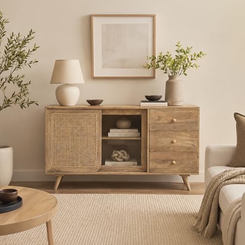 Image of The Attic INES Cabinet, Solid Wood Sideboard for Living Room, Classy TV Cabinet, Wooden Free Standing TV Unit with Storage, Natural Matte Finish
