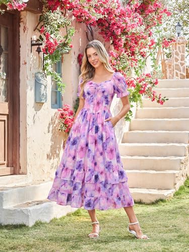 Image of Scarlet Darkness Women Floral Maxi Dress Puff Sleeve Tea Party Corset Dress | Pockets, Ruched Bust, Ruffled Hem, for Cottagecore Fairy Milkmaid Vacation