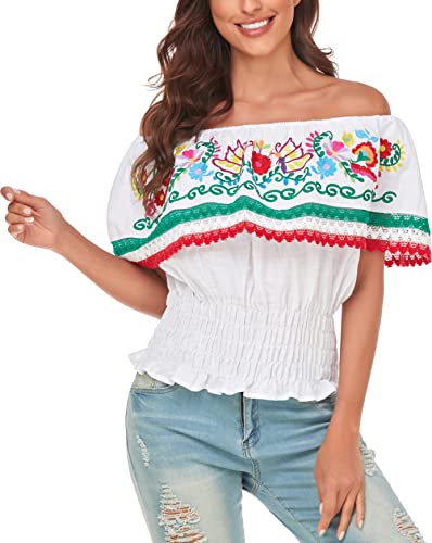 YZXDORWJ Women Mexican Embroidered Off-Shoulder Shirt Lace Falbala Top