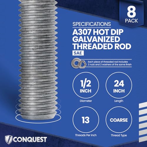 Image of Conquest A307 Hot Dip Galvanized Threaded Rod 1 /2 inch-13 x 24 | (8 Pack), Coarse Threaded All-Thread Rods, Manufactured to ASTM A307 Standards