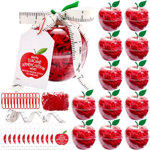Briwooody 12 Sets Clear Apple Gift Boxes for Teacher Appreciation Week Plastic Candy Containers Bulk with Tags Thank You Teacher Gifts for Staff Classroom Party Favors