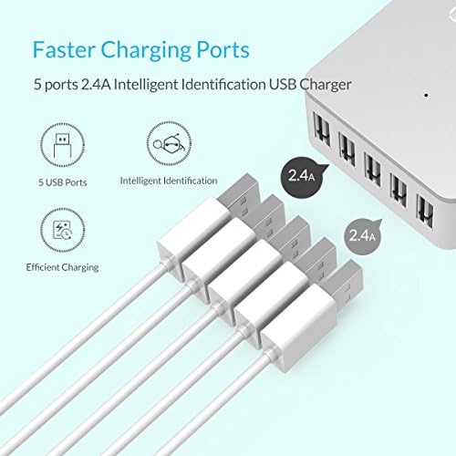 USB Charger ORICO 5-Port USB Plug Wall Charger (40W/8A) with Detachable UK Mains Lead For Mobile Phones & Tablet PCs Home Office Use - White