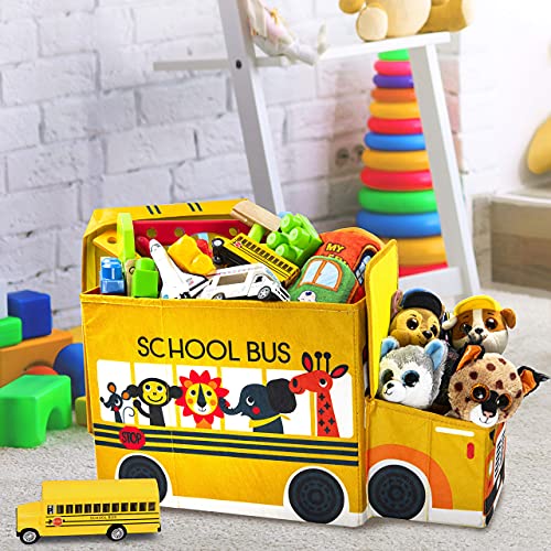 Kap Toy Box Chest With Lid, Collapsible Sturdy Toy Storage Organizer Boxes Bins Baskets For Kids, Decorative Toy Organizer, Boys, Girls, Nursery, Playroom, (School Bus) #TOP2