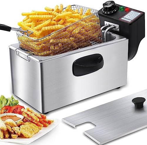 SUEWRITE Deep Fryer with Basket, 4.2 Qt Stainless Steel Electric Deep Fryer 1650W Oil Fryer Pot with Temperature Control Cool Touch Sides Silver