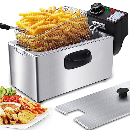Suewrite Deep Fryer With Basket, 4.2 Qt Stainless Steel Electric Deep Fryer 1650W Oil Fryer Pot With Temperature Control Cool Touch Sides Silver #TOP22
