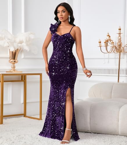 Image of Cololura Women Sexy Elegant Sequin High Split Ruffled Hem Mermaid Party Cocktail Bodycon Formal Evening Gowns Maxi Dress