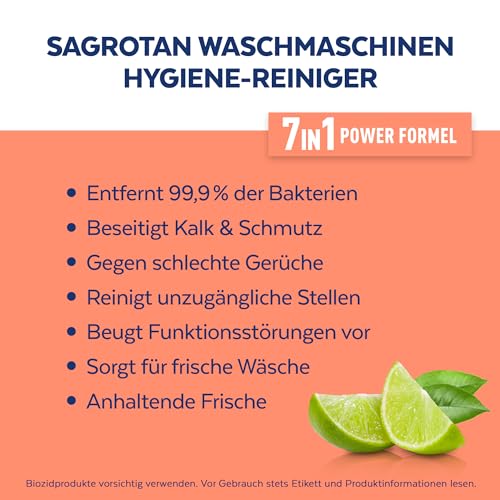 Sagrotan Waschmaschinen Hygiene-Reiniger Frische Limette – Maschinenreiniger für eine hygienische Waschmaschine – 4 x 250 ml