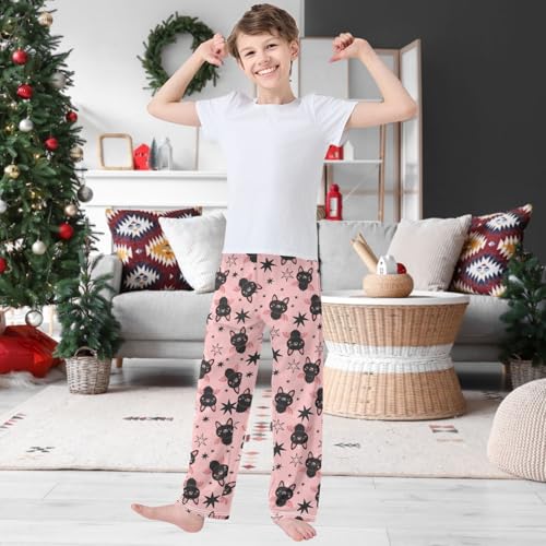 Boy's Pj Pants Happy Cute Cat Black Pink Star Lounge Bottoms Elastic Kids Sweatpants Joggers with Pockets Size 6-142
