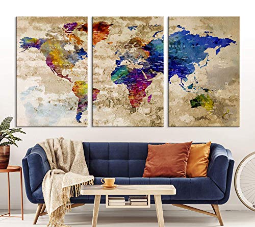 Modern Large Wall Art Rainbow Color World Map Map Push Pin Canvas Print For Wall Decor - Wall Art Canvas Print For Home And Living Decoration - Ready To Hang - Framed - Ready To Hang | Large Size 72X36 Inches | #TOP22