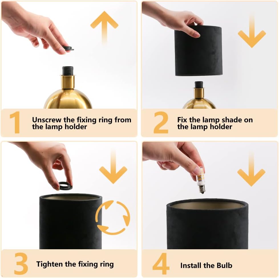 KUNJOULAM Small Bedside Lamp, Mid Century Lamp with Brass Base, Nightstand Table Lamp for Bedroom, Living Room, Bookshelf, Modern Accent Mini Table Lights Black Plastic Fabric Shade