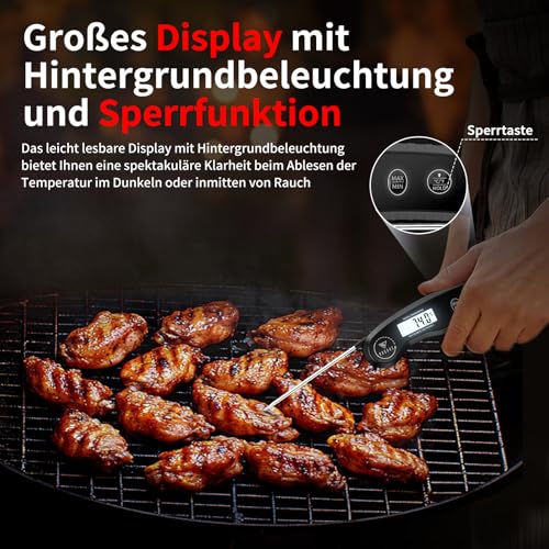 Präzises DOQAUS Bratenthermometer in Aktion: Sonde misst Kerntemperatur eines saftigen Rinderbratens im Ofen bei 55°C