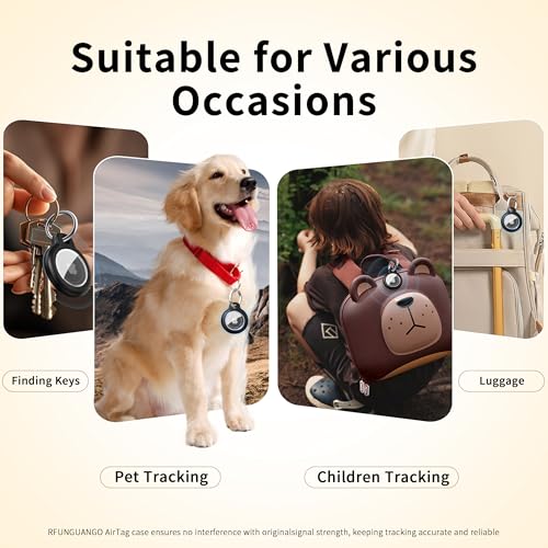 Image of RFUNGUANGO Apple AirTag Holder with Key Ring 4 Pack AirTag Case | Hard Protective AirTag Case for Kid, Pet, Luggage, Backpack, Key - 4 Pack Black