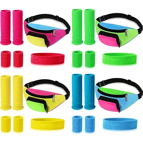 Image of Xuniea 4 Set 80s Accessories for Women Workout Set Include Retro 80s Fanny Pack Neon Leg Warmers Headband and Wristbands 80s 90s Party Disco Neon Party cosplay