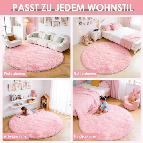 ROHATIM Teppich Rund 100 cm Rosa Waschbar Rutschfester Runder Hochflorteppich Wohnzimmer Kinderzimmer Schlafzimmer Flauschig