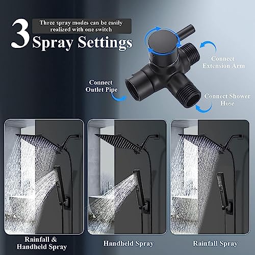 Shower Head,12 '' High Pressure Rain/Rainfall Shower Head/Handheld Showerhead Combo,13'' Brass Adjustable Extension Arm,3+2 Spray,78-Inch Hose Adhesive Showerhead Holder,Black Shower Heads #TOP4
