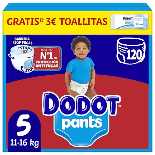 Dodot Bebé Pants Pañales, Talla 5, 11-16 kg, 120 Pañales, Pañal-Braguita con Ajuste 360° Anti-Fugas, Pack Mensual