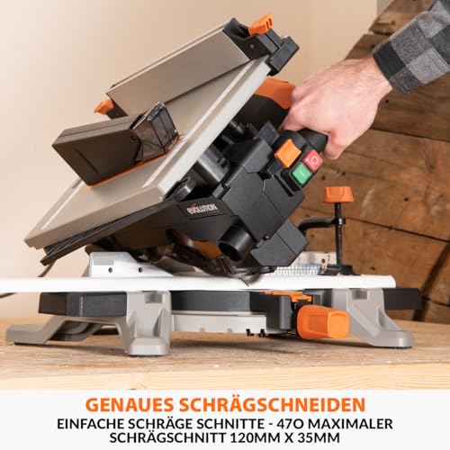 Evolution Power Tools R210MTS-G2 Vielseitige Kapp- und Tischsäge, kompakt, multifunktional, schneidet verschiedene Materialien, TCT-Sägeblatt für Holz, Kunststoff und Metall, 210mm